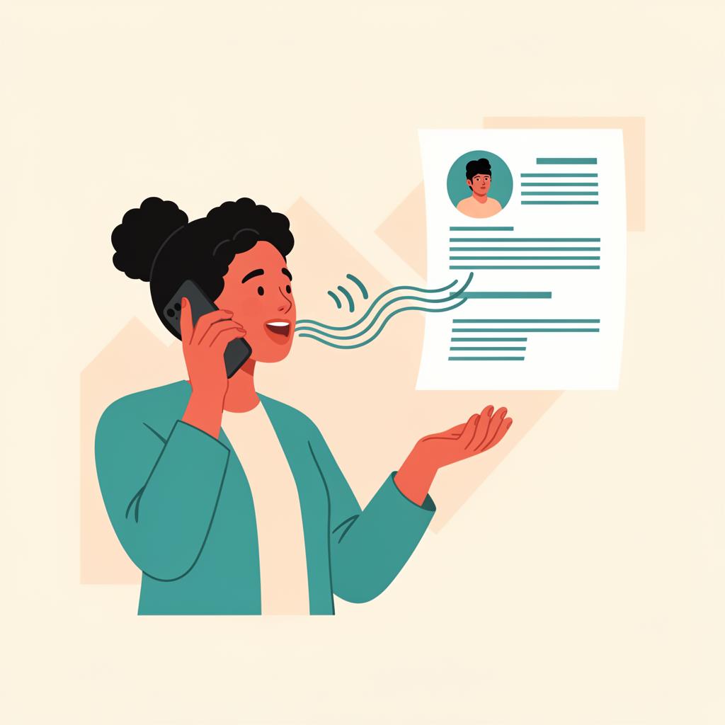 A person speaking into a phone as their words turn into a professional CV